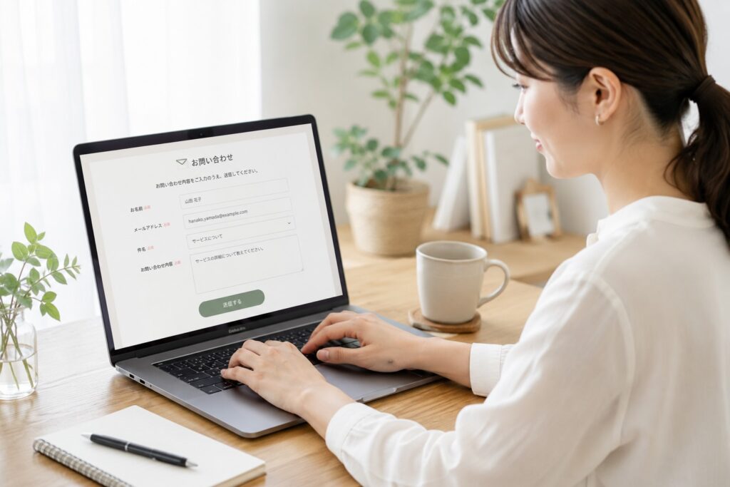 ノートパソコンのお問い合わせフォームに入力をしている女性のイメージ