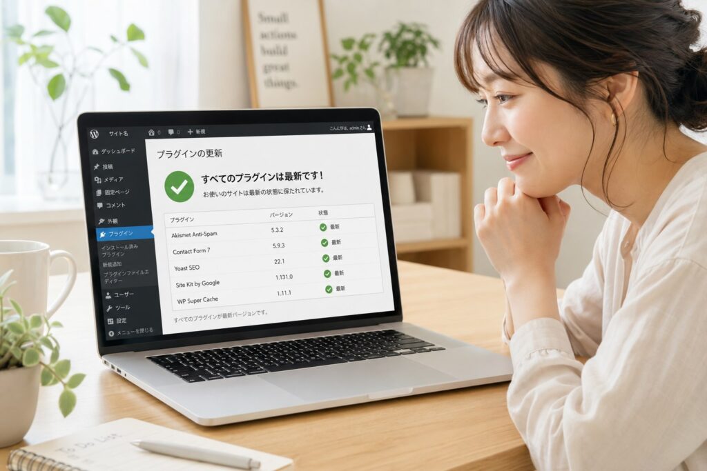ホームページの保守管理をプロに任せたおかで、プラグインも更新されて安心している女性のイメージ