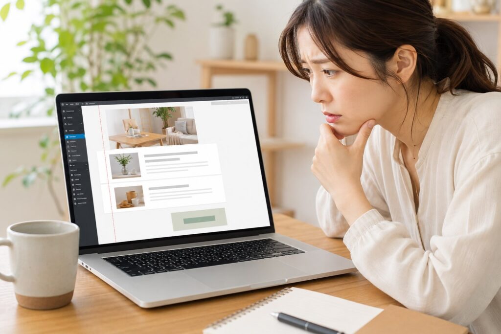 WordPress本体やプラグインを更新したあとに、見た目が崩れたデザインを見ている女性のイメージ