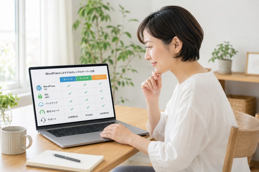 WordPressでホームページを作るためのサーバー選びをしている女性のイメージ