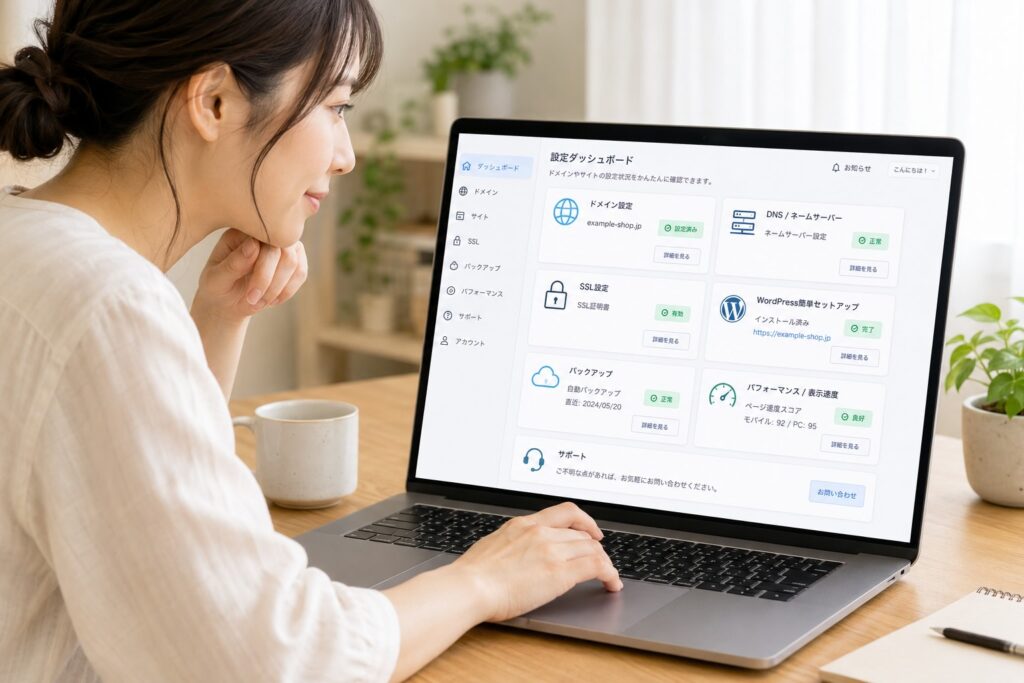 独自ドメインやSSL設定がしやすい架空のサーバー会社で設定を行なっている女性のイメージ