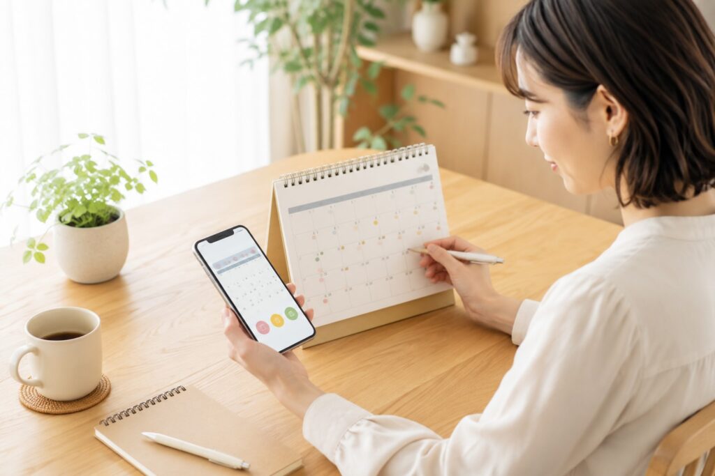 女性がスマートフォンやカレンダーを見ながら、サーバー・ドメインの更新日を確認しているシーン