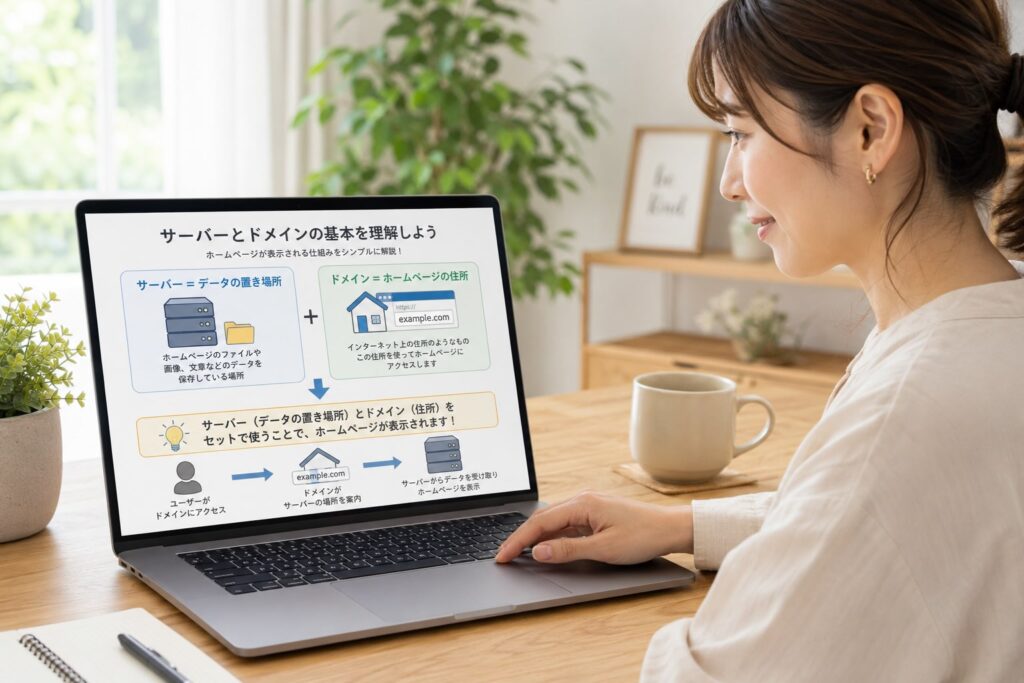 pcの画面には「サーバーはデータの置き場所」「ドメインはホームページの住所」と覚えておくと、ホームページ制作の流れがわかりやすく説明している画面を眺めている女性のシーン