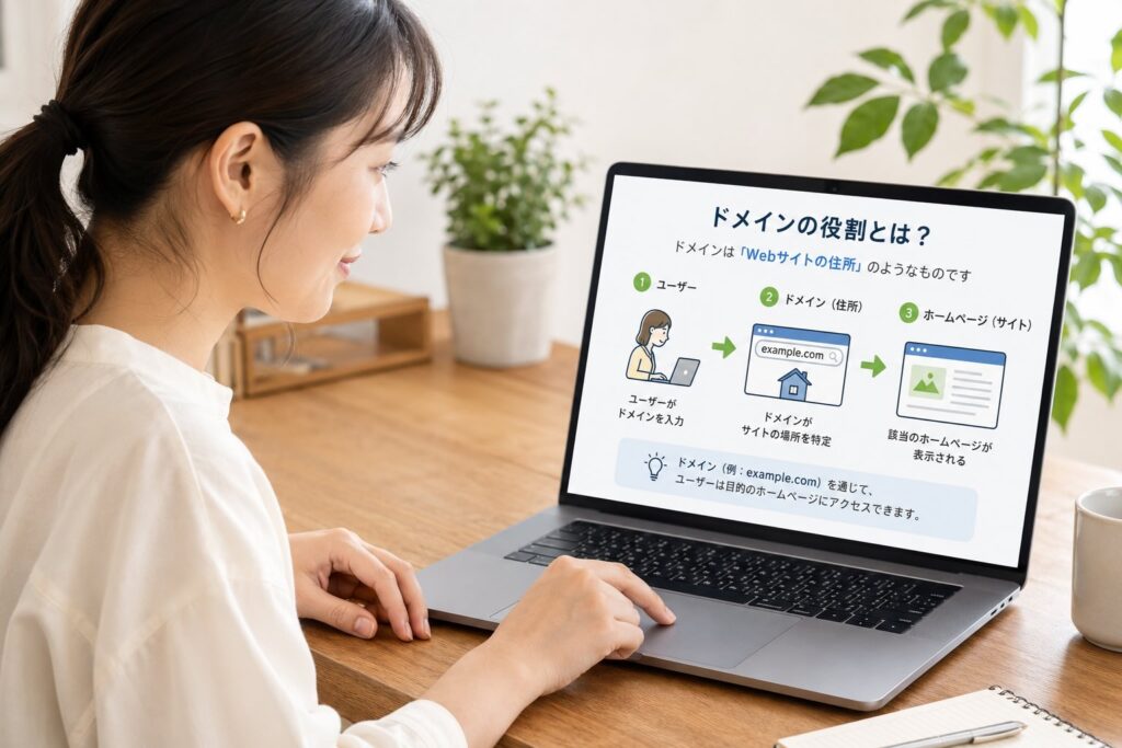 ノートパソコンの画面に、ドメインは、ホームページの住所のような役割を持っています。ユーザーはこのドメインを通して、目的のホームページへアクセスします。という流れをわかりやすく説明している画面を眺めている女性のシーン