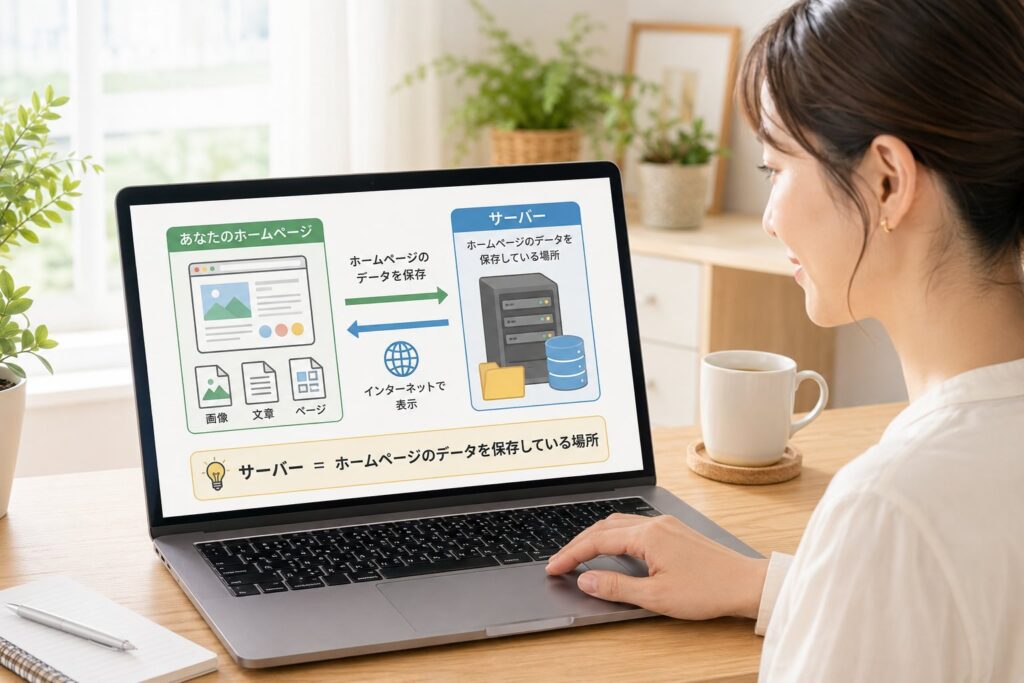 サーバーとは、ホームページのデータを保存しておく場所のことです。という流れをわかりやすく説明しているpcの画面をみている女性のイメージ