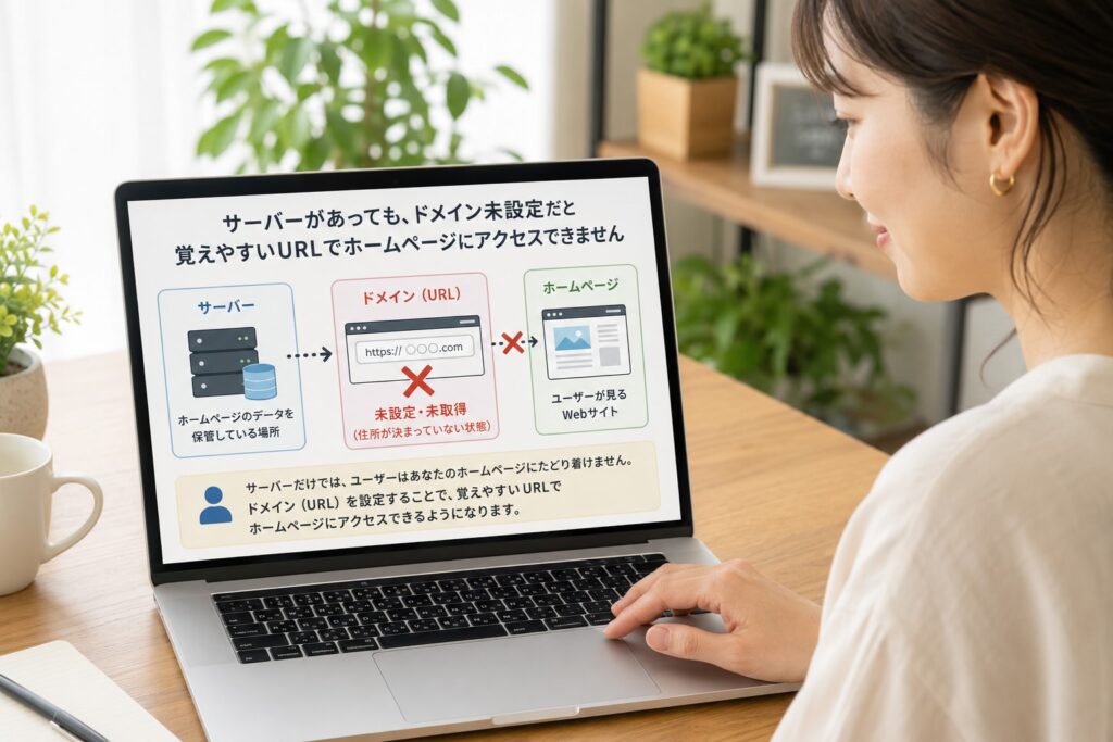 サーバーがあっても、ドメインが設定されていなければ、訪問者が覚えやすいURLでホームページにアクセスすることができません。という流れをわかりやすく説明しているシーン