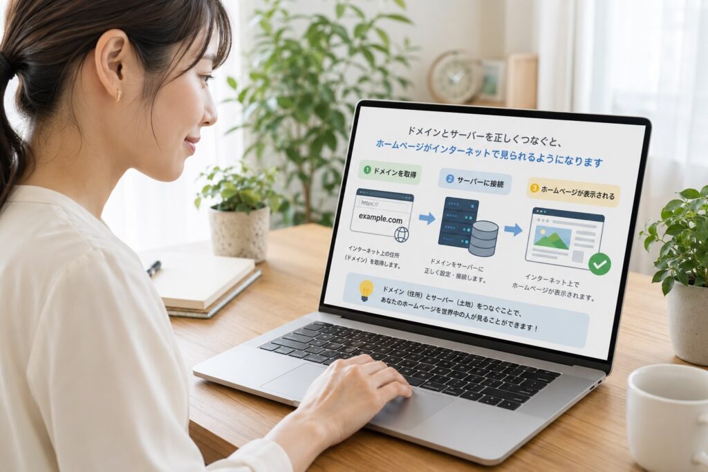 ドメインを取得し、サーバーと正しく結びつけることで、インターネット上でホームページを見てもらえるようになります。という流れをわかりやすく説明しているpc画面を見つめている女性のイメージ