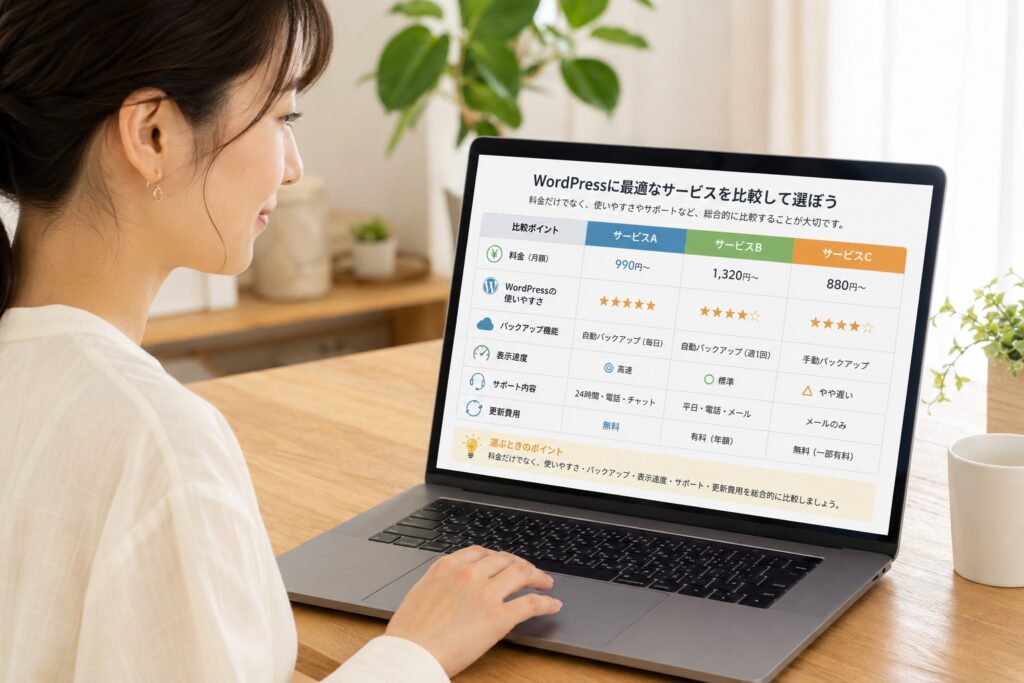 初めての方は、料金だけでなく、WordPressの使いやすさ、バックアップ機能、表示速度、サポート内容、更新費用などを比較しながら選ぶと安心です。と表示されたpcの画面を確認している女性のイメージ