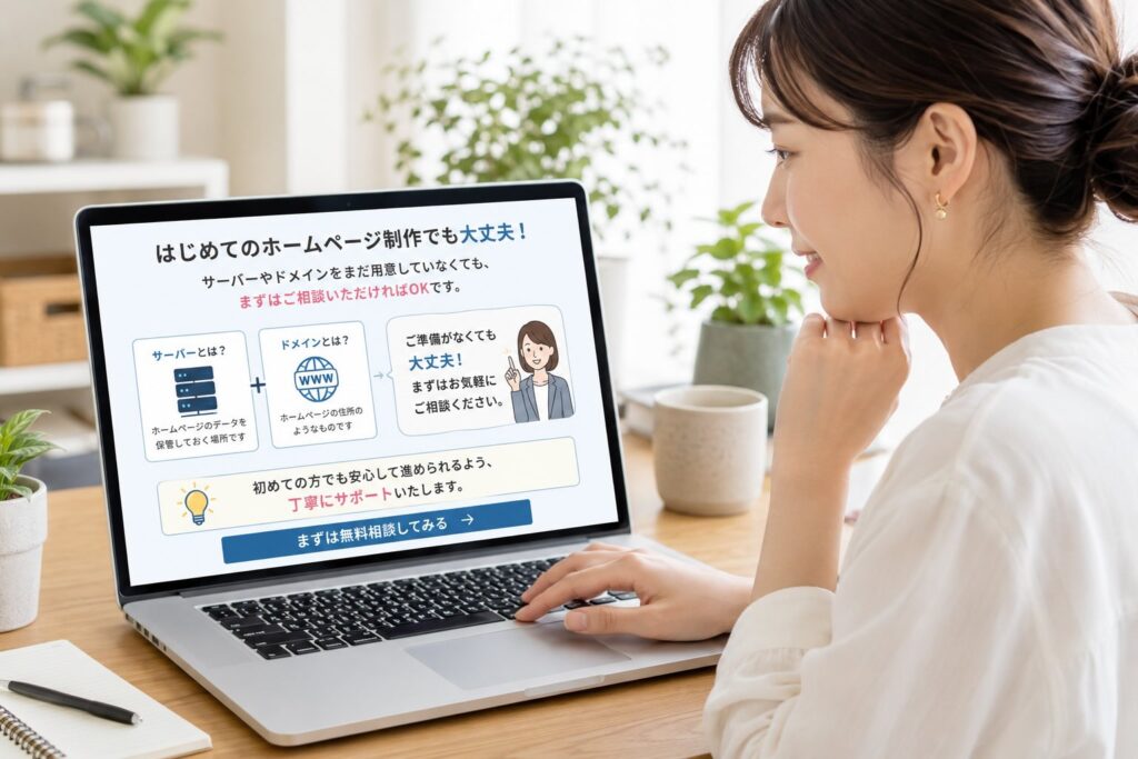 サーバー・ドメインは「先に自分で契約しておかなければならないのかな」と不安に感じる方もいらっしゃるかもしれません。ですが、初めてホームページ制作を依頼する場合は、最初からすべてを準備していなくても大丈夫です。という流れをわかりやすく説明しているpcの画面を見ている女性のイメージ