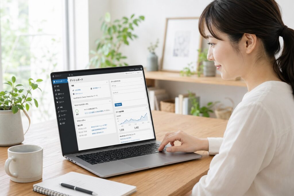 WordPressの運用を行うために、ダッシュボードをみながら確認している女性のイメージ