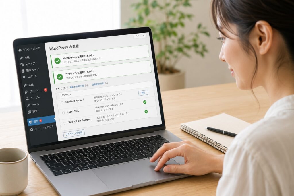 ノートパソコンで、WordPressやプラグインの更新が完了したことを確認している女性のイメージ