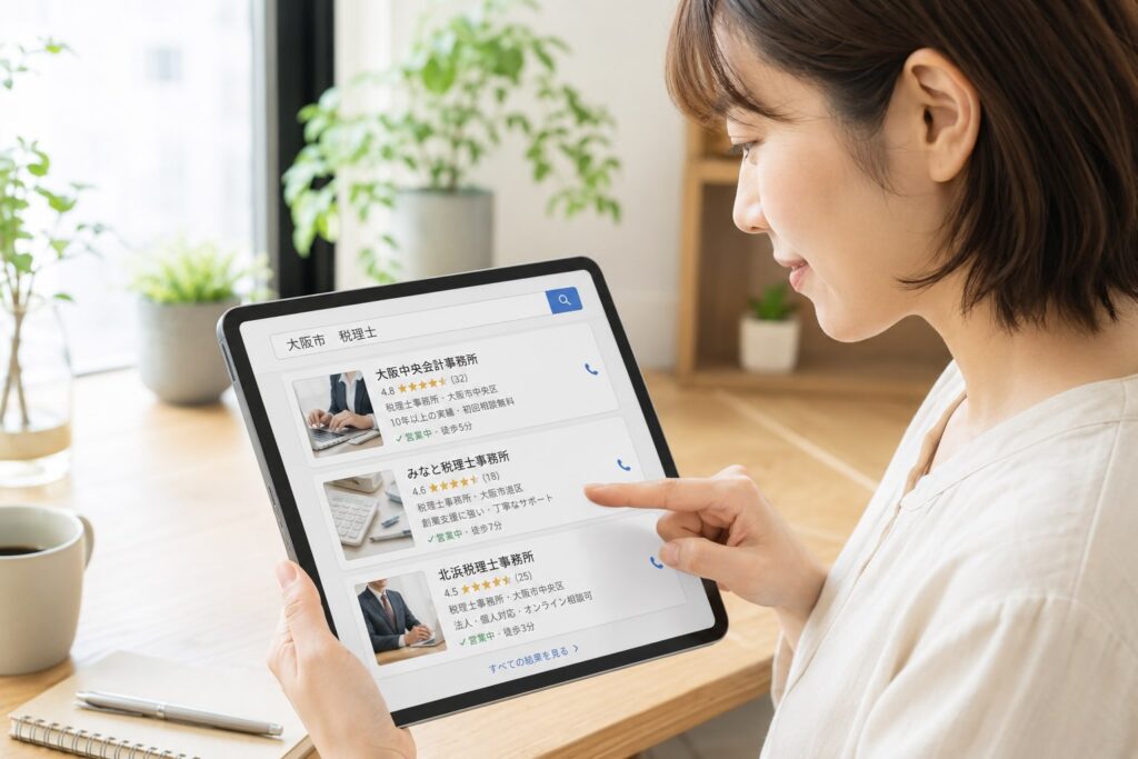 タブレットに検索結果が表示された画面を確認している女性のイメージ