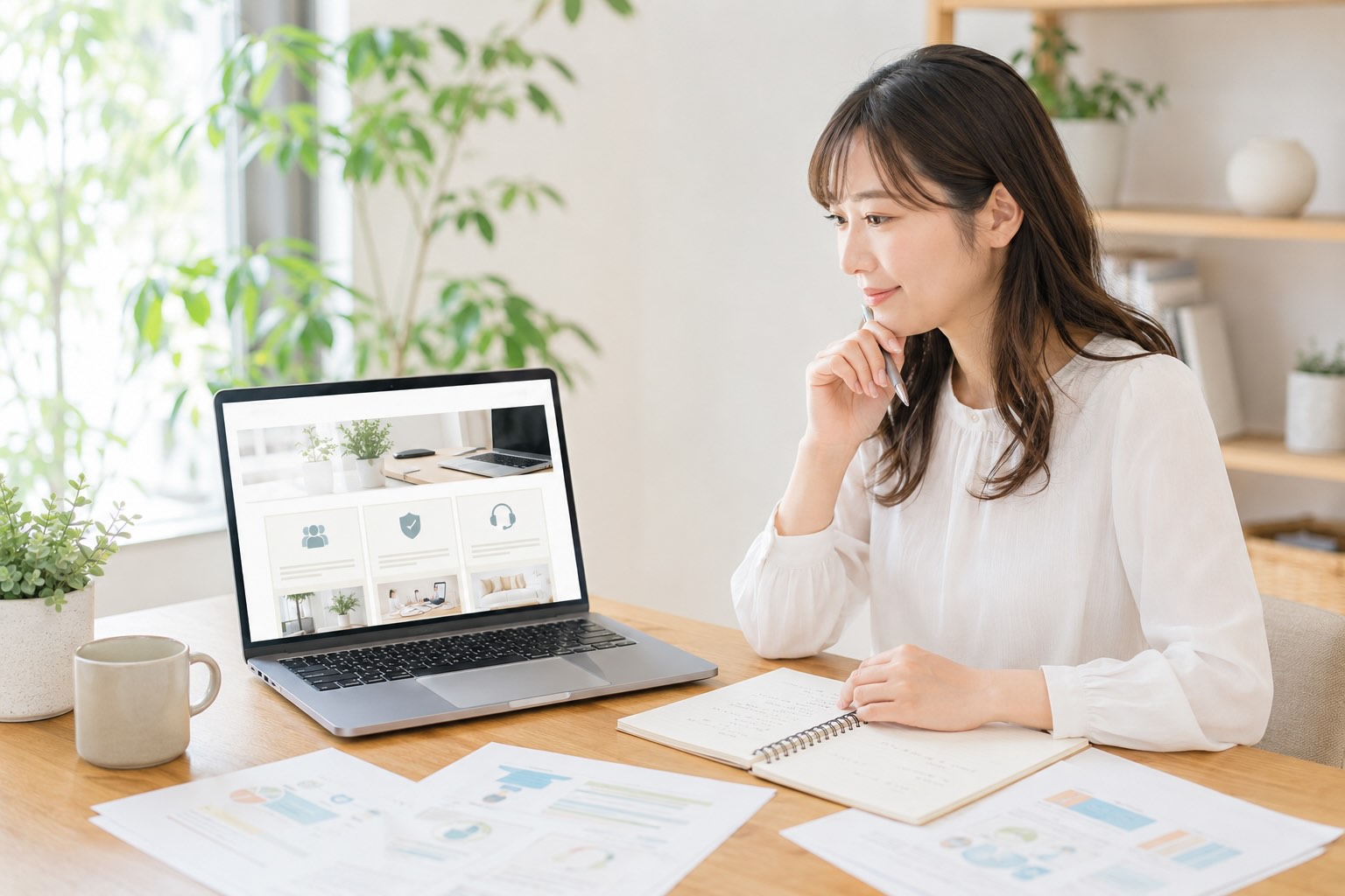 サービス内容がわかりやすいかチェックしている女性