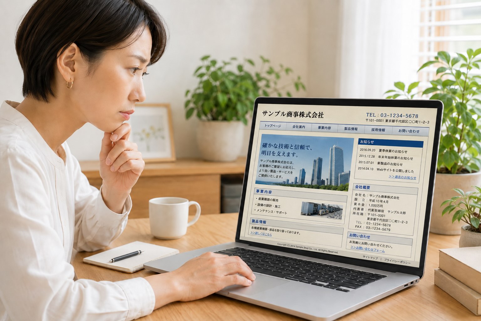 ホームページに掲載している内容が10年前の情報が最新のお知らせに表示されているpcを見つめる女性のイメージ