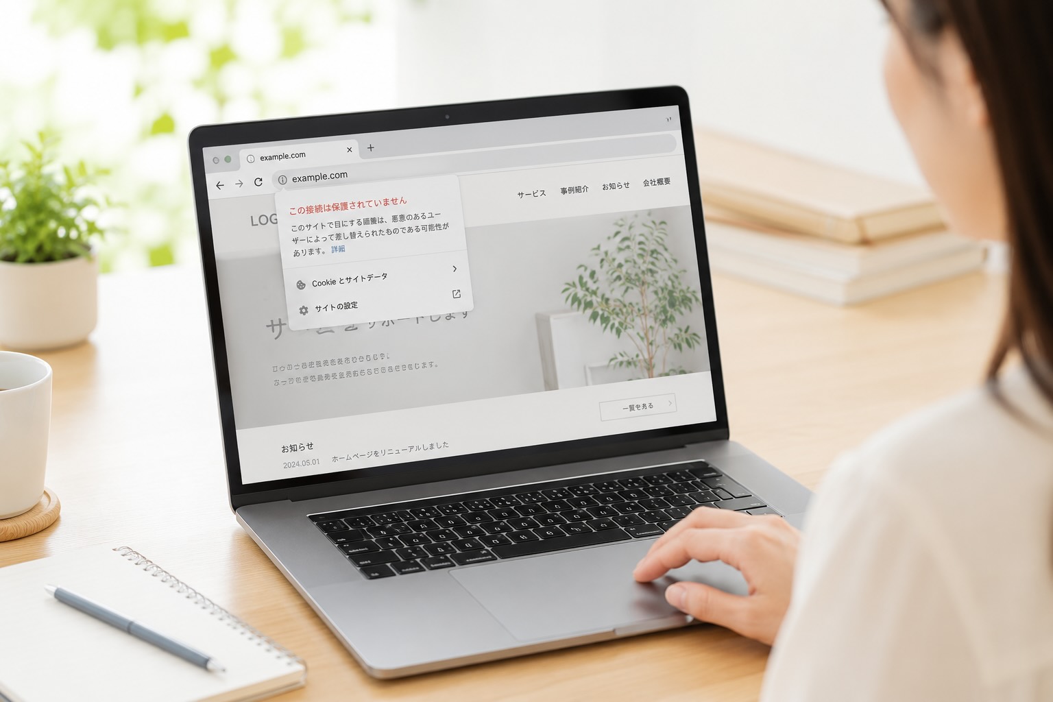 この接続は保護されていません。と表示されている画面を見ている女性のイメージ