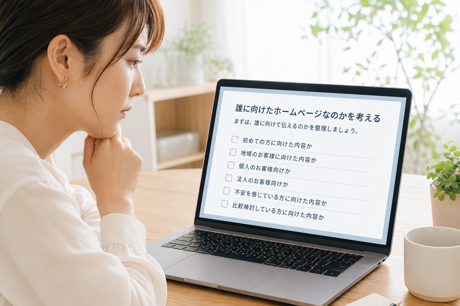 誰に向けたホームページなのか考えている女性のイメージ
