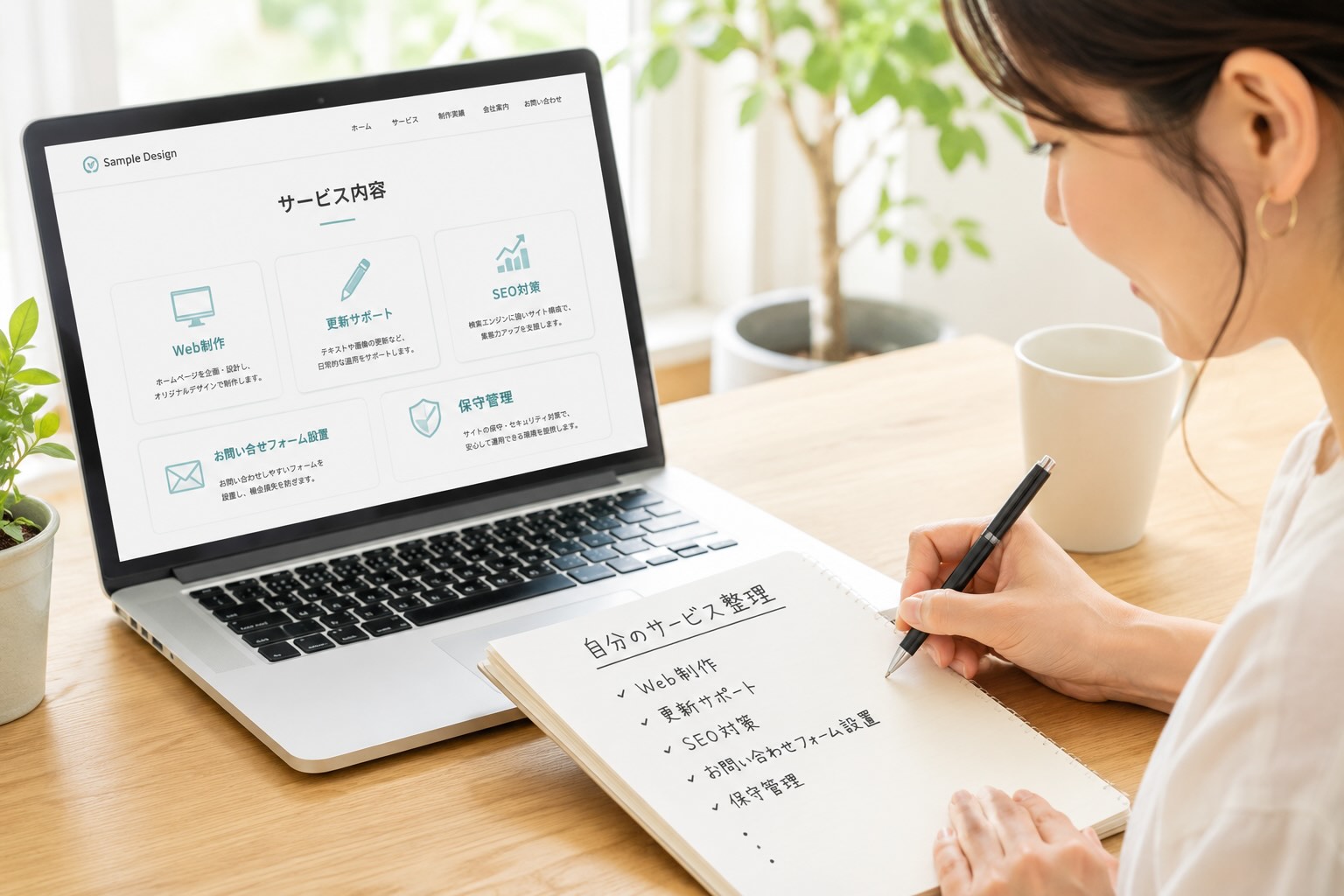 手本となるホームページの内容を見ながら、自分のサービスを書き出している女性のイメージ