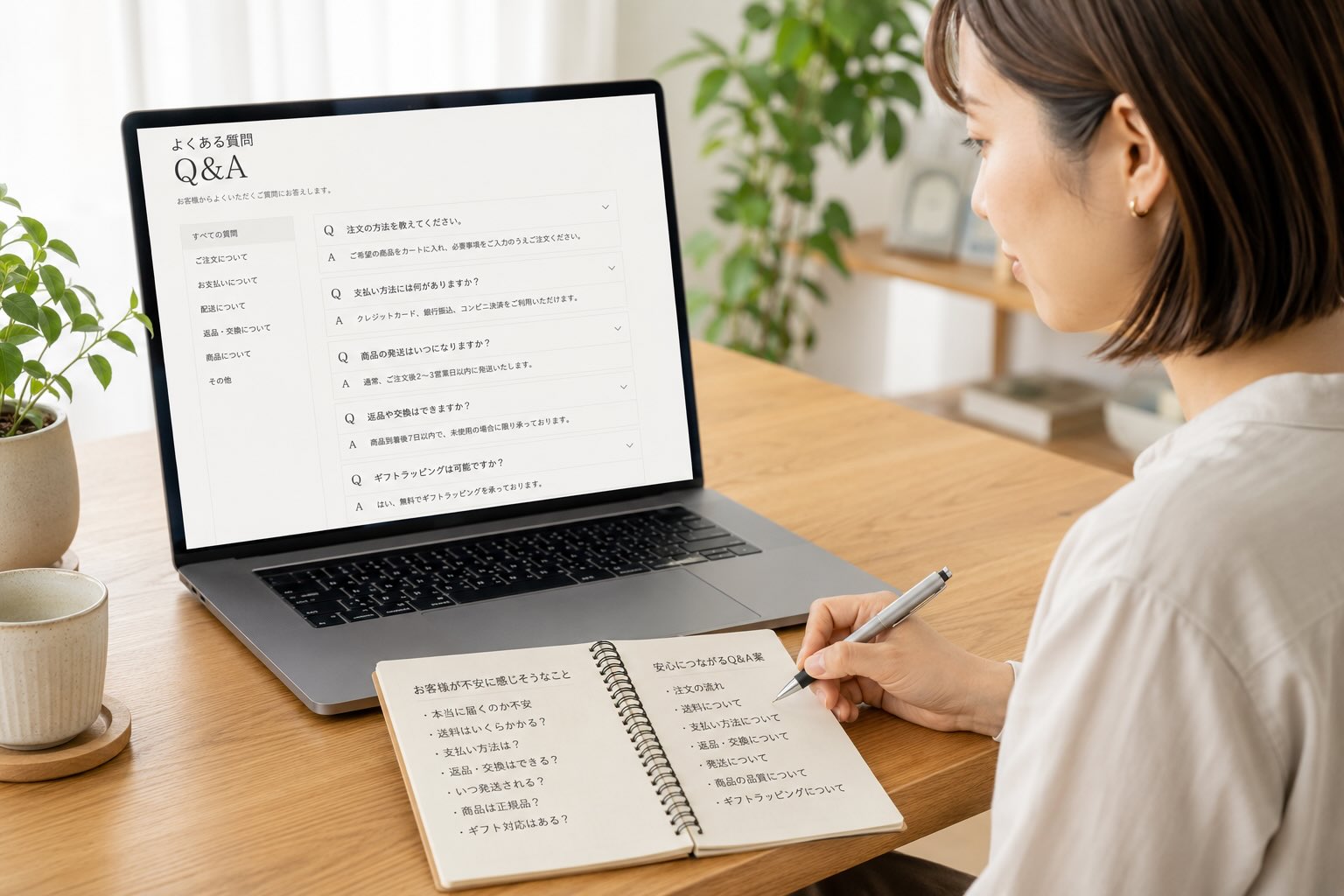 お客様の不安を和らげるQ&Aを書き出している女性のイメージ