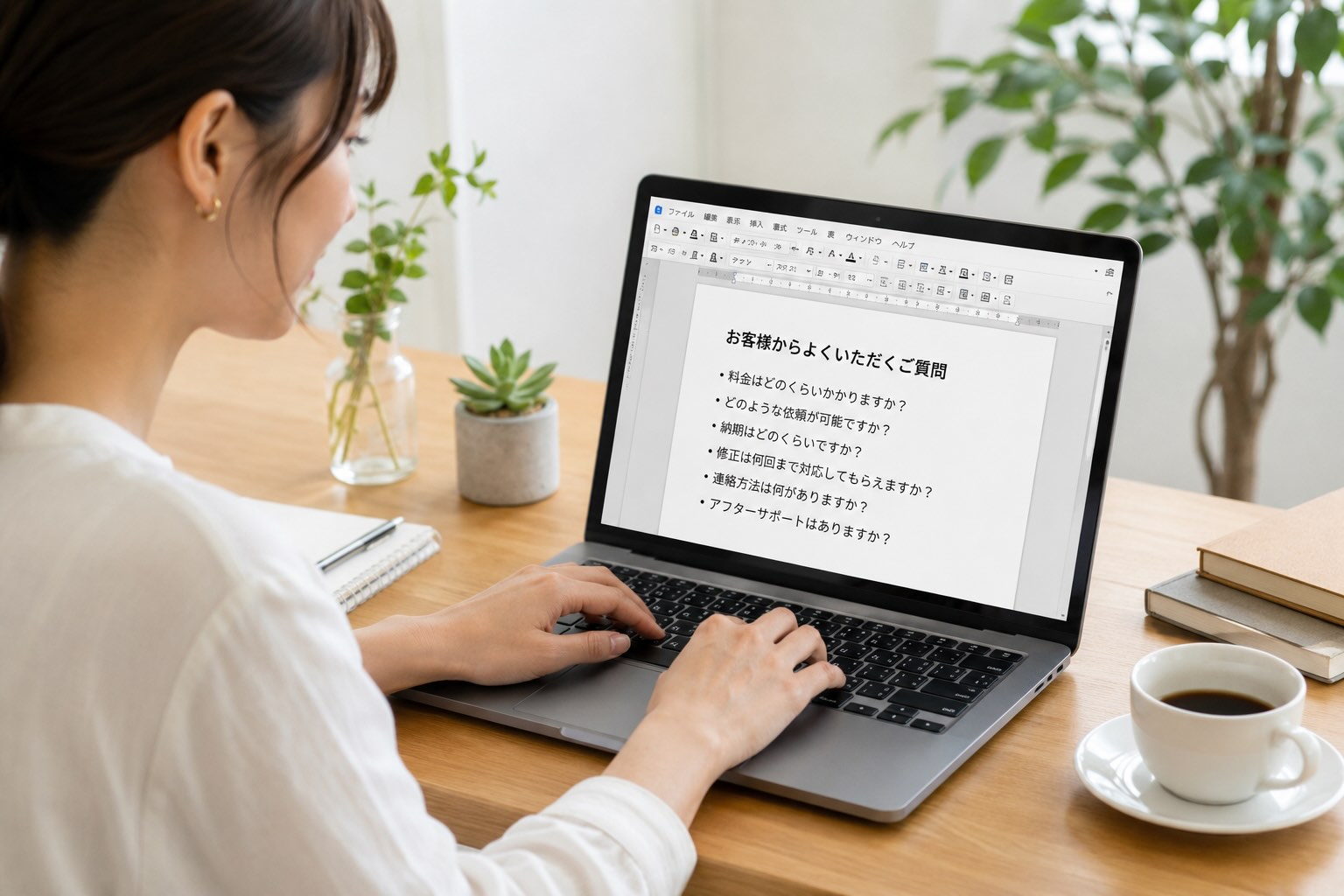 お客様からよくいただく質問をテキストに打ち込んでいる女性のイメージ
