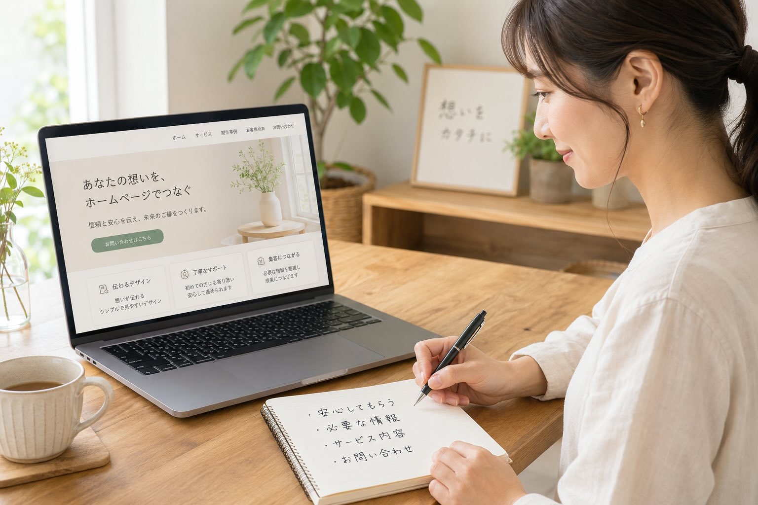 ホームページに記載する文章で重要な部分を書き出している女性のイメージ