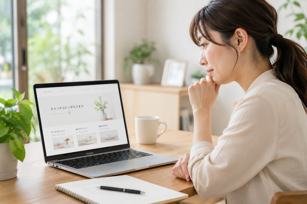ホームページのキャッチコピーを考えているけど、全然思いつかない女性のイメージ