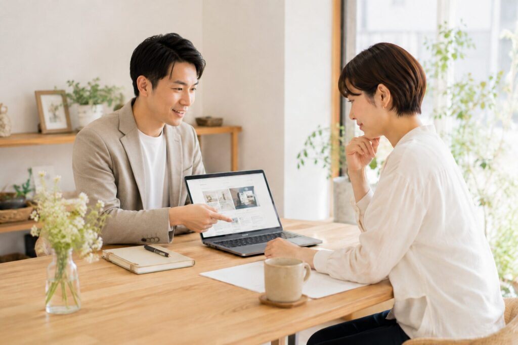 2人でノートPCを見ながら丁寧に説明している画像