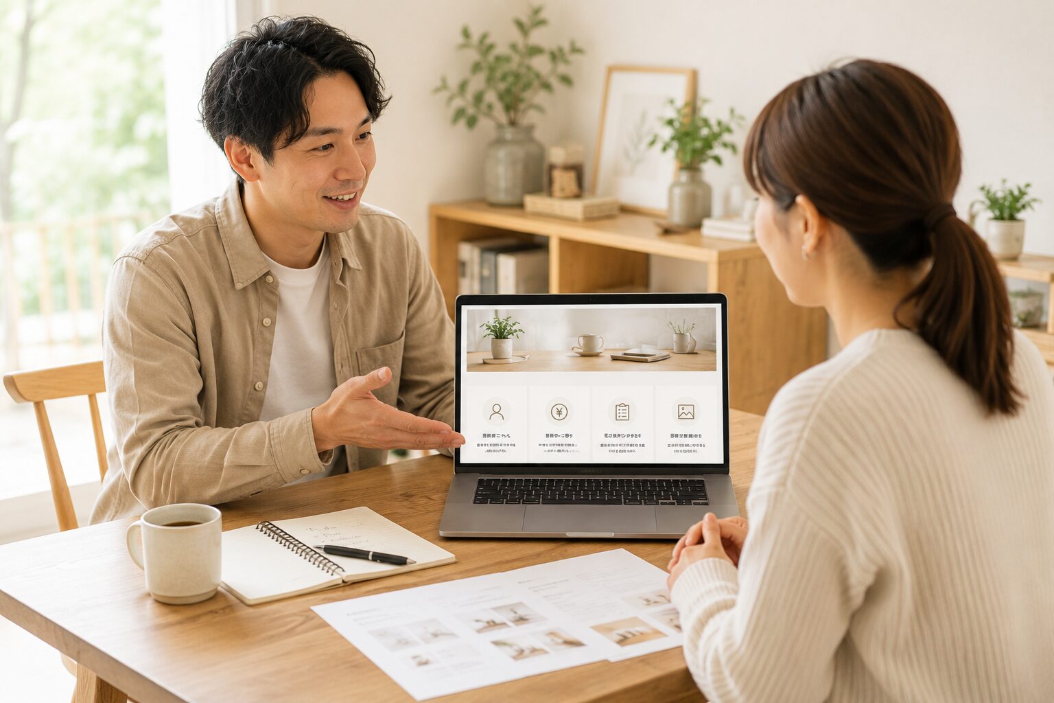 ホームページ制作について説明を、丁寧な対応と打ち合わせをしている