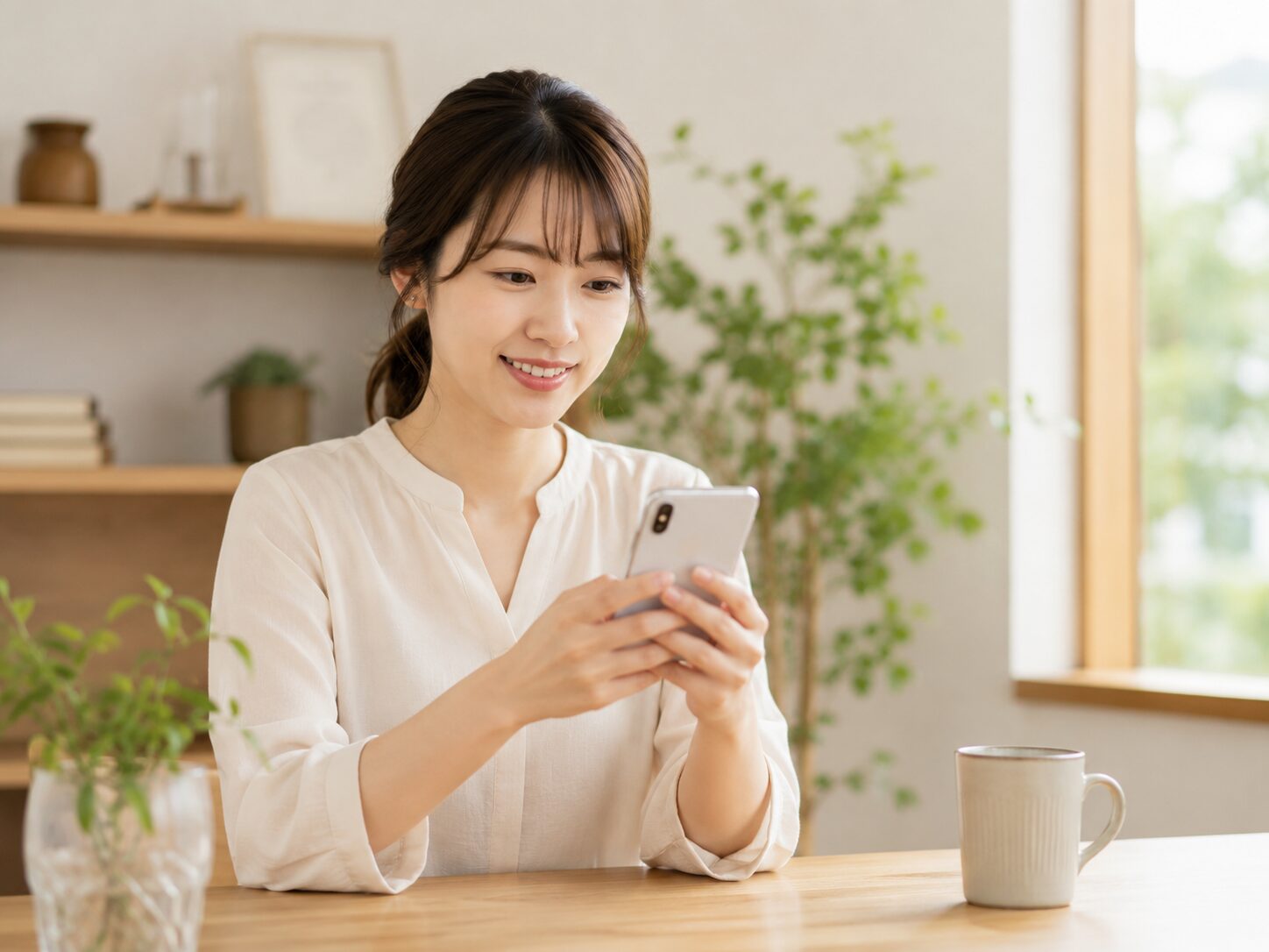 スマートフォンで代表挨拶やスタッフ紹介を確認する女性のイメージ