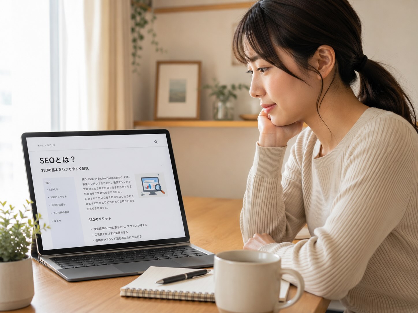 seoってなんだろう?って調べている女性のイメージ