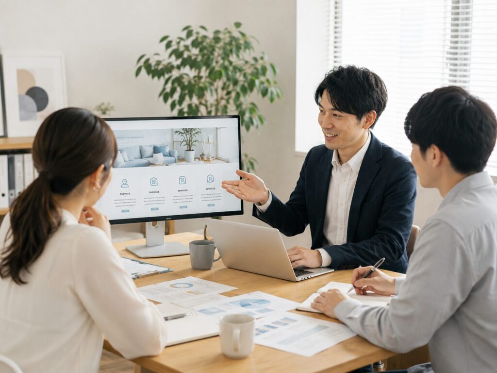 サービス内容を見やすく整理したホームページ画面を見ながら、内容の伝え方を打ち合わせする担当者たち
