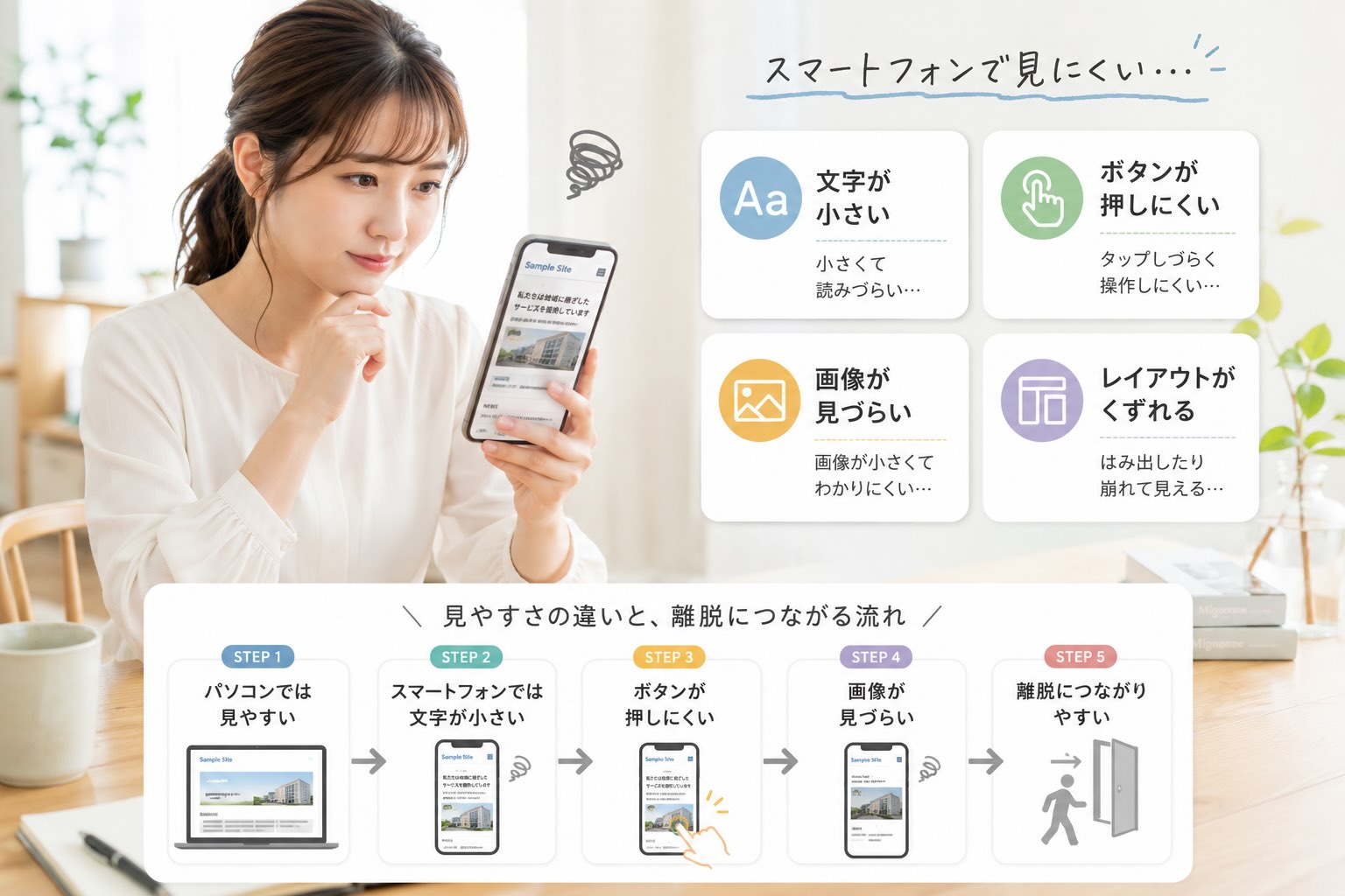 女性がスマートフォンで見たときに文字が小さい、ボタンが押しにくい、画像が見づらいと感じている女性のイメージ