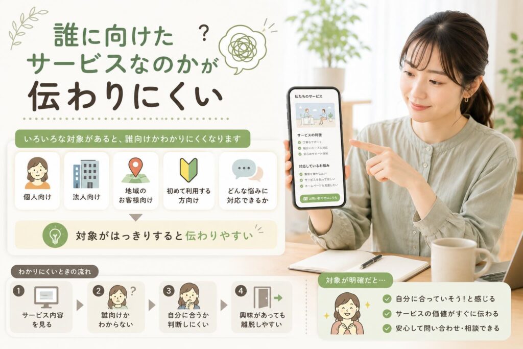 個人のお客様か地域のお客様か法人・企業様の誰向けに制作されたサイトかわからないホームページを見ている女性のイメージ