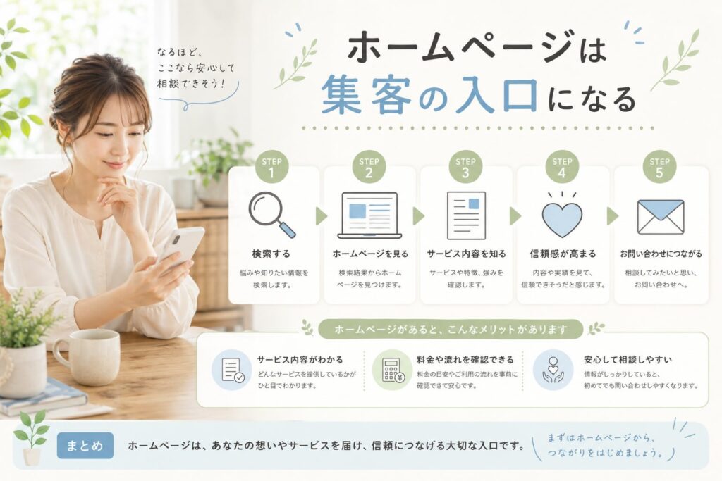 ホームページは集客の入り口になると記載しているイメージ画像