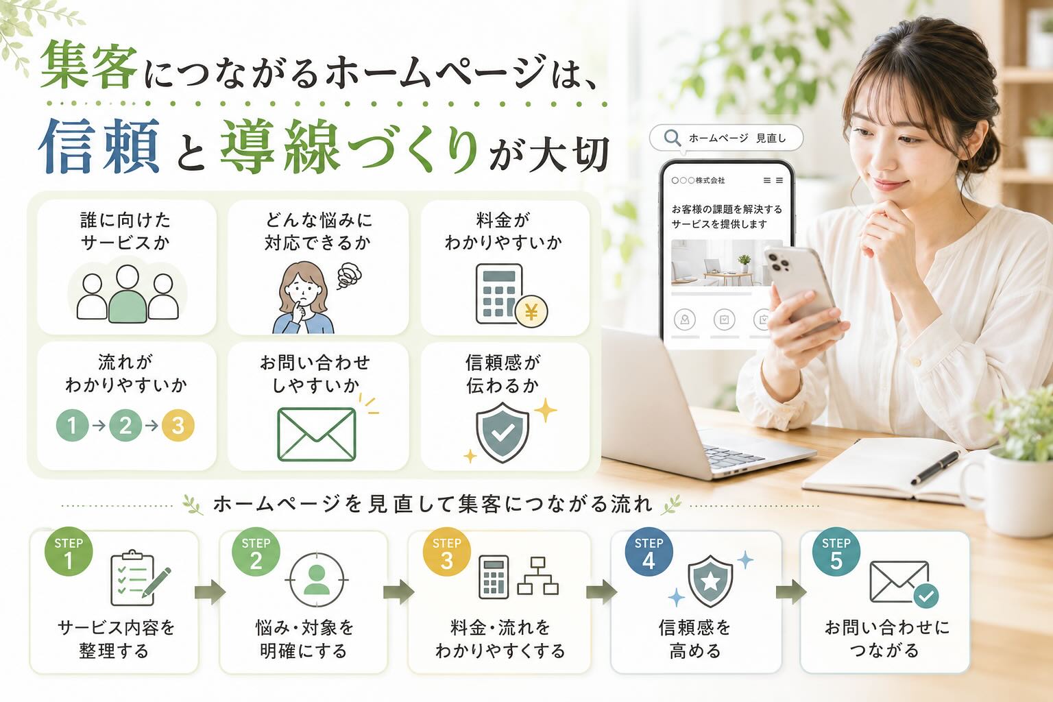 集客につながるホームページは信頼と導線づくりが大切ということを記載しているイメージ画像