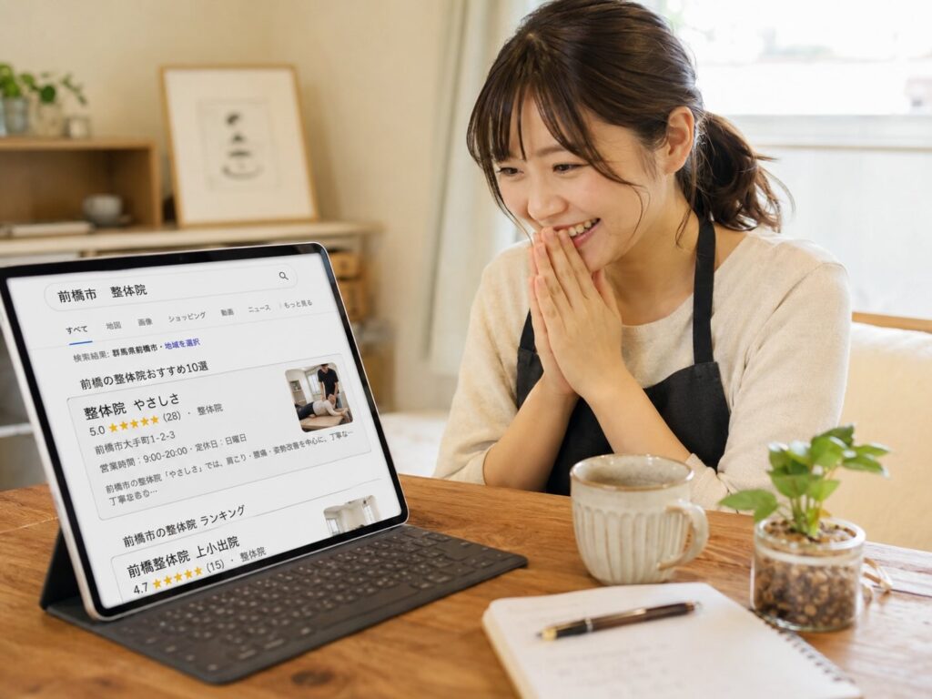 タブレットで、地域名とサービス名で検索されて喜んでいる女性のイメージ