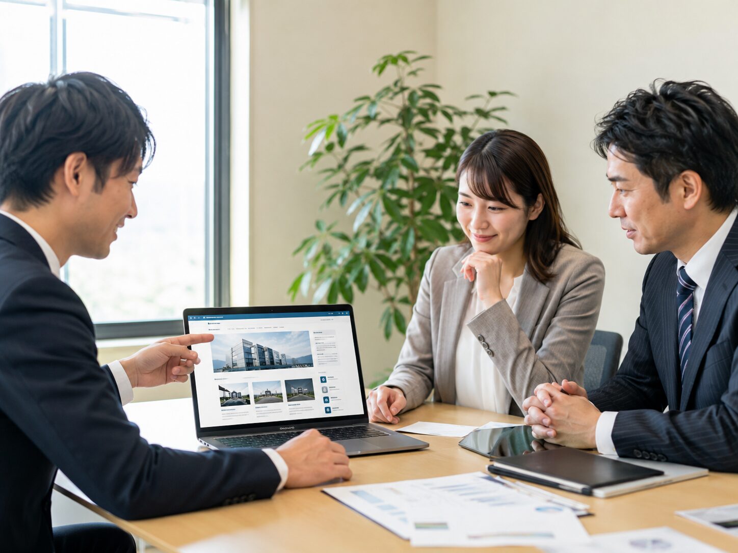 会社情報や事業内容を確認しながら、中小企業のホームページ制作について打ち合わせする担当者たち