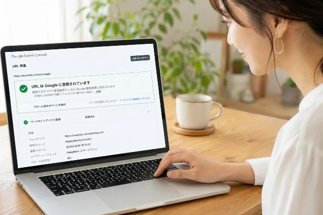 Googleにページが登録されているか確認している女性のイメージ