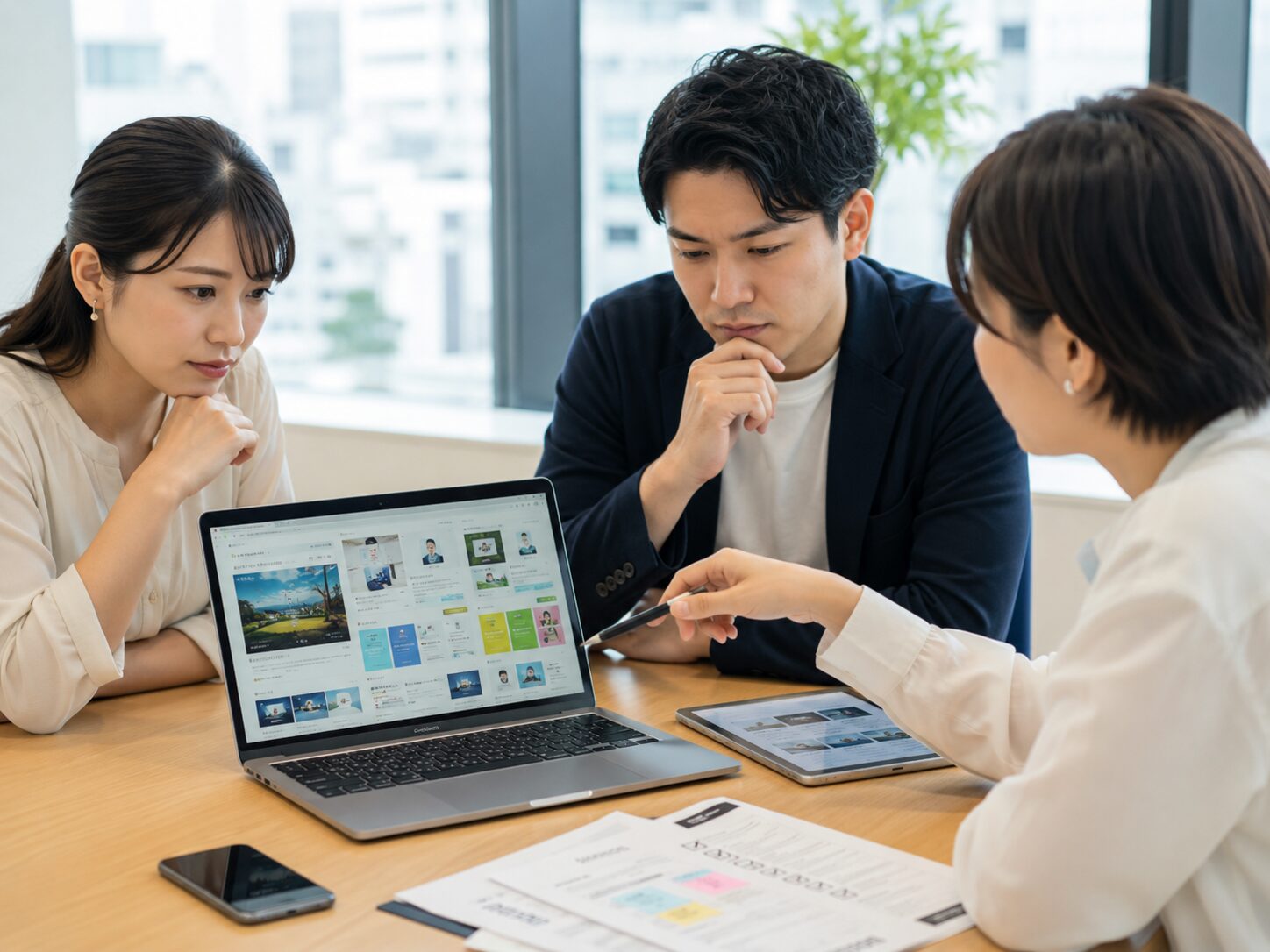 複雑なサイト構成やデザイン案を見ながら、ホームページ制作の課題を話し合う担当者たち