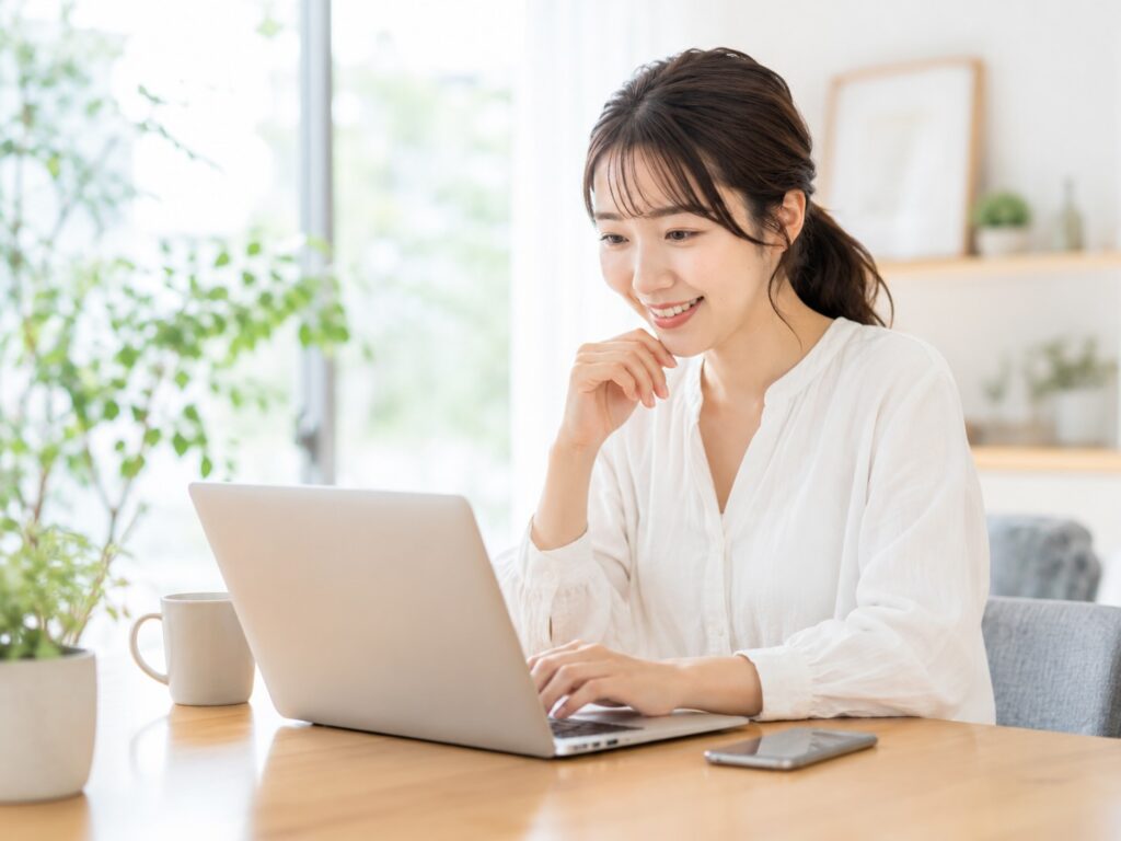 ホームページに画像のalt属性を設定しようとしている女性のイメージ