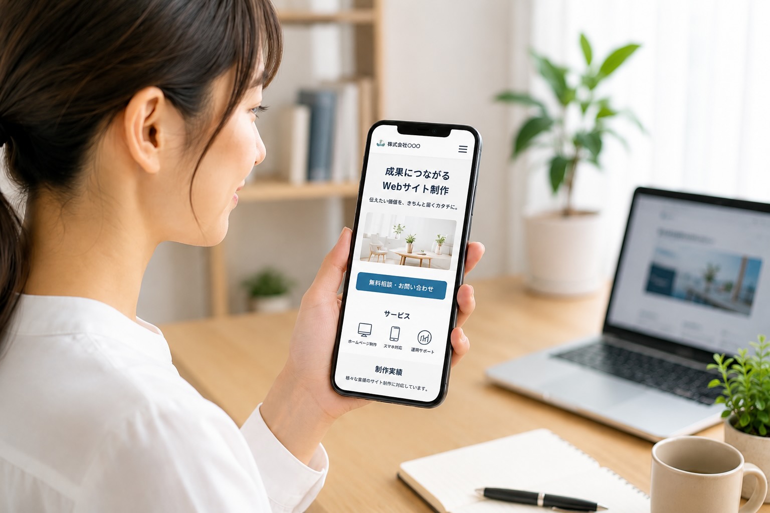 スマートフォンでお問い合わせにつながる導線を確認している女性のイメージ