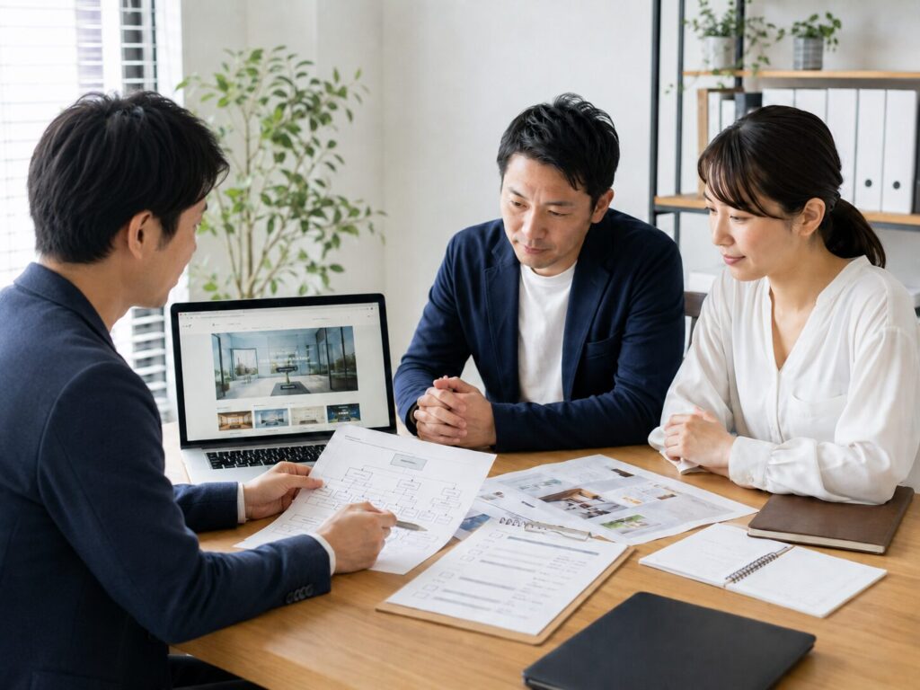 ホームページ制作を依頼する前に、サイト構成や掲載内容を資料で確認する中小企業の担当者たち