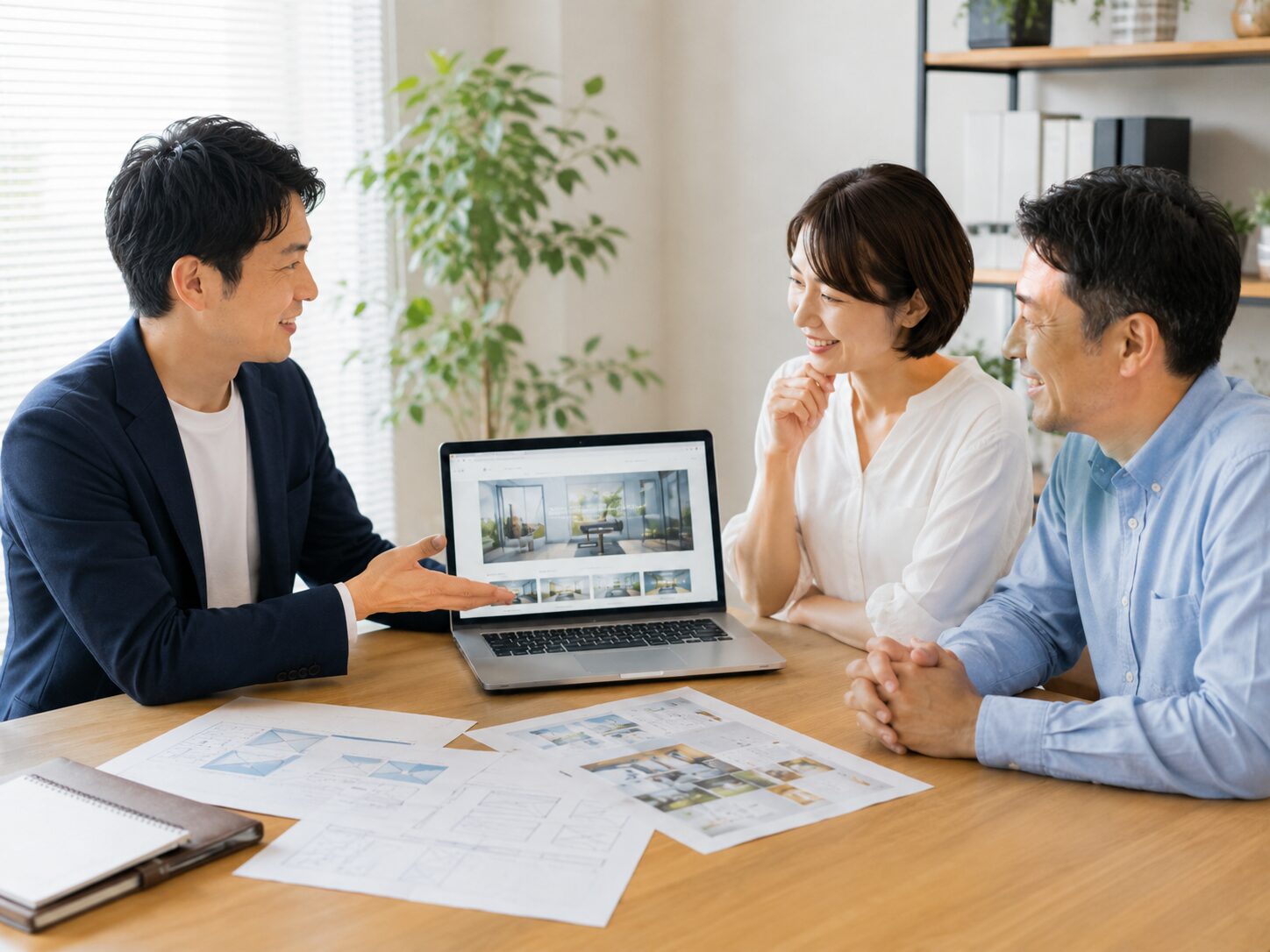 中小企業の担当者にホームページ制作の内容を説明するホームページ制作担当者