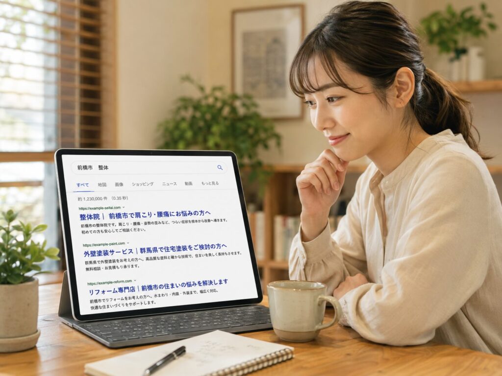 自分が設定したタイトルタグが表示されて喜んでいる女性のイメージ