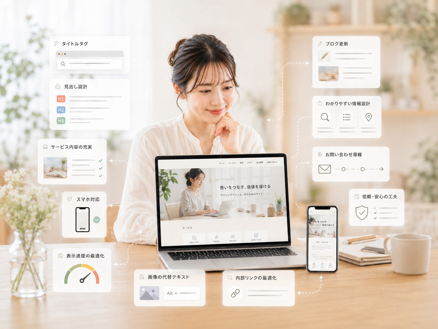 タイトルタグや見出し、スマホ対応などホームページ制作でできるSEO対策を確認している女性