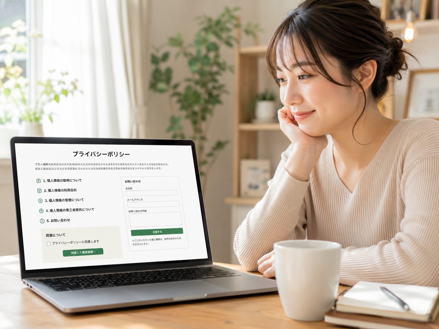 プライバシーポリシーページを閲覧して、安心した表情の女性のイメージ