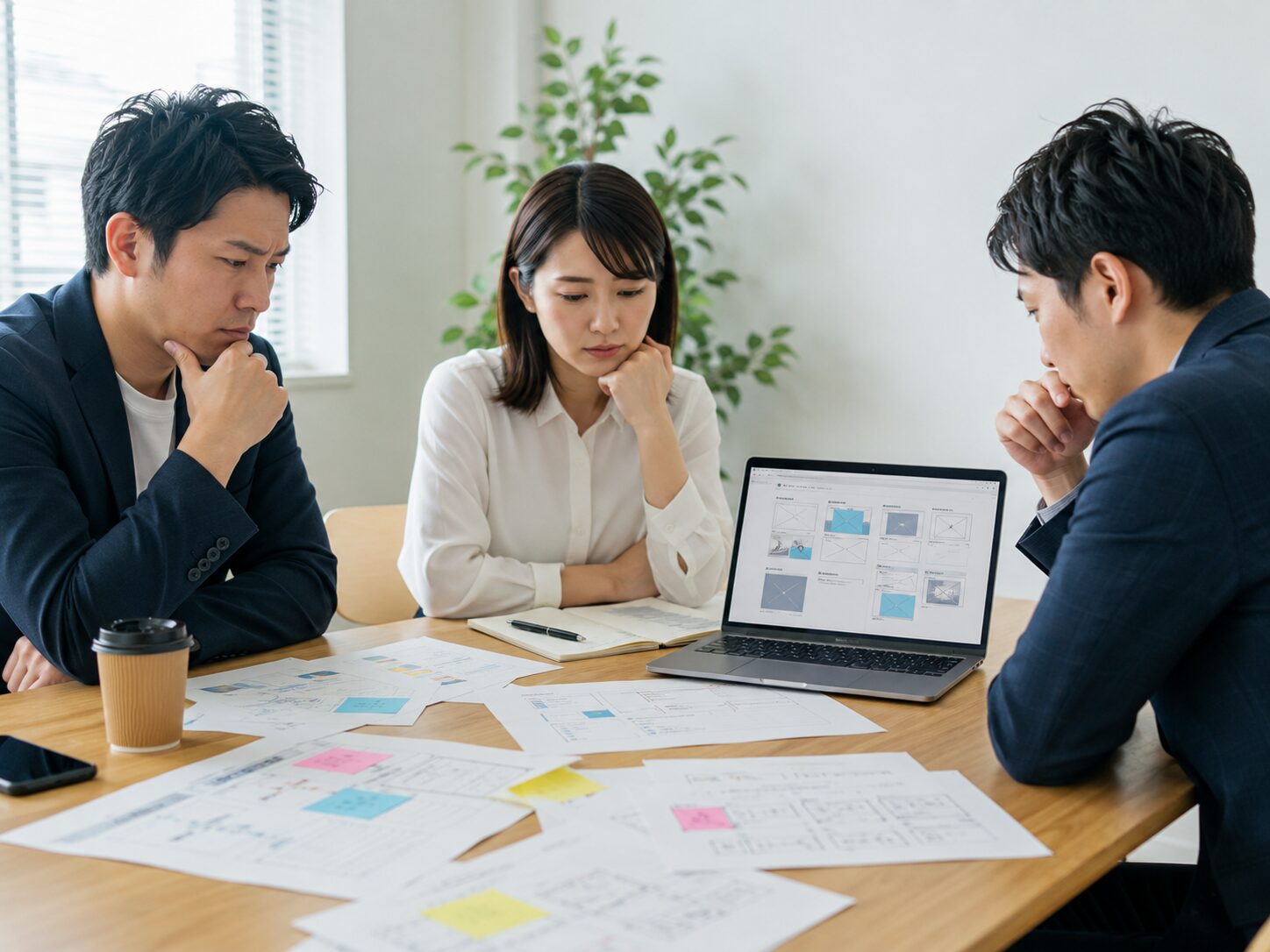 ホームページ制作で失敗しないために、サイト構成や掲載内容を慎重に確認する担当者たち