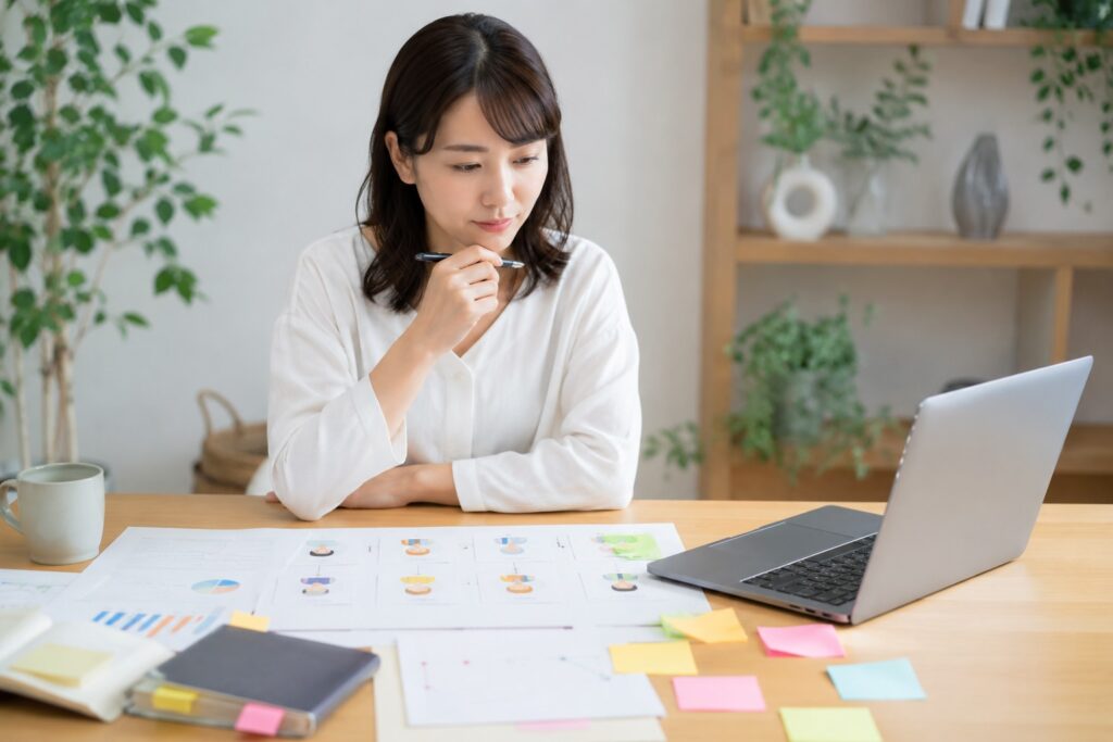 ホームページを誰に見てもらいたいのかを考えている女性
