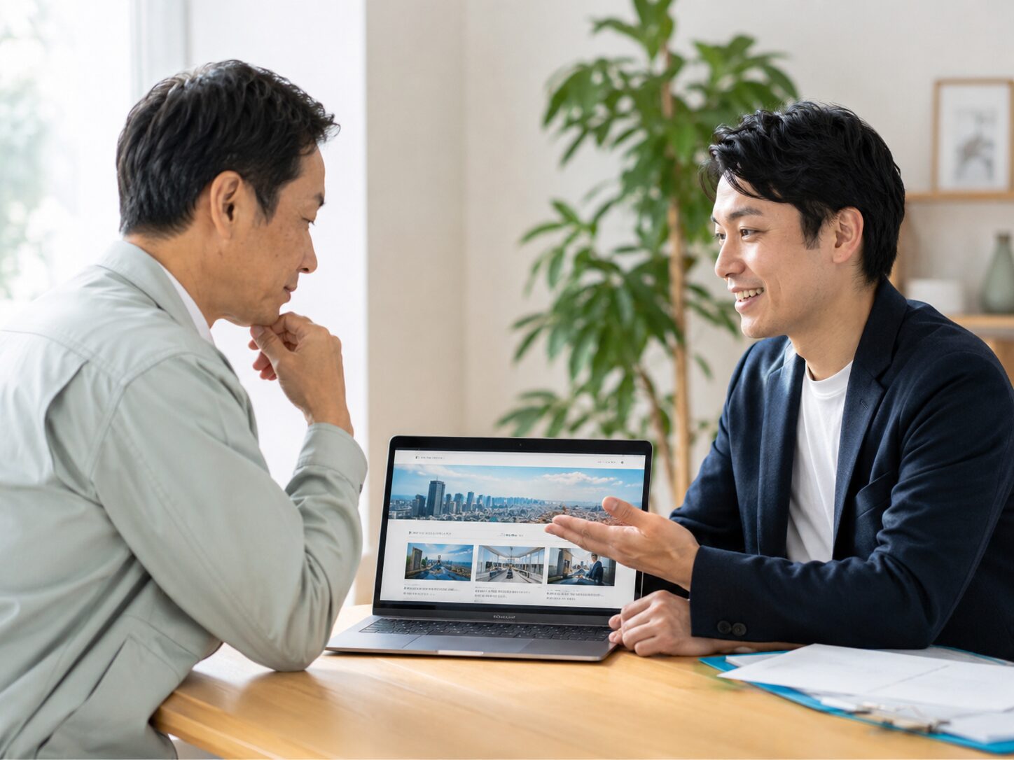 企業サイトを見ながら、ホームページの必要性について相談する中小企業の担当者と制作担当者