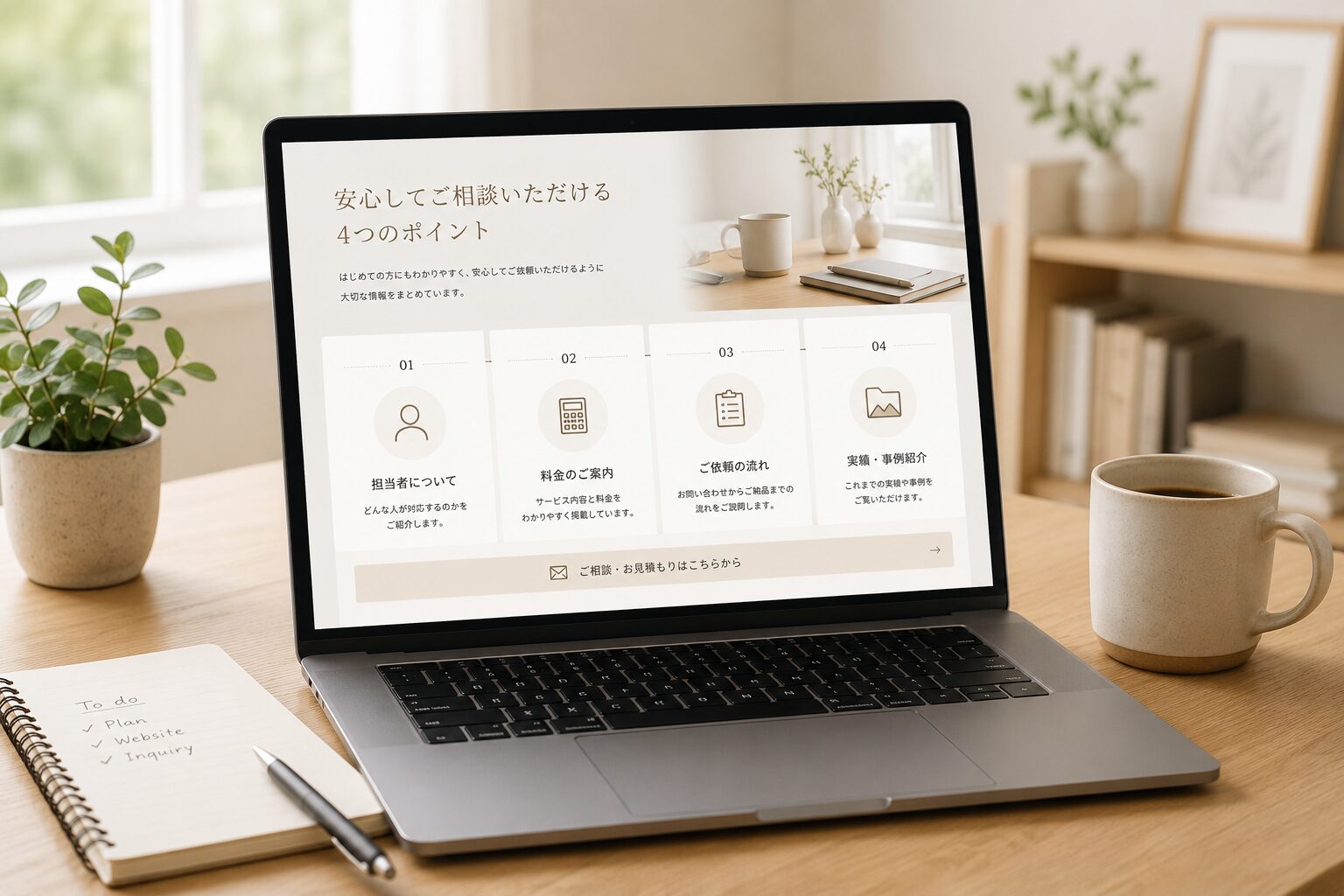 店舗やサービスの特徴を掲載していて、安心してご相談いただける4つのポイントと分かりやすく掲載しているホームページの情報の画像