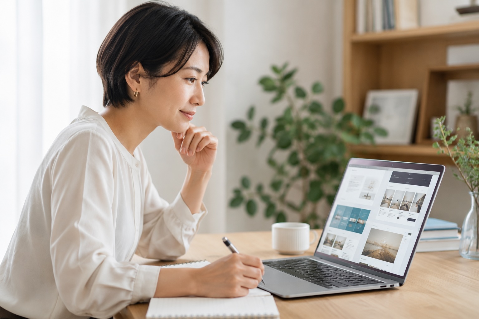 ホームページ制作の参考サイトを確認しながら準備を進める女性
